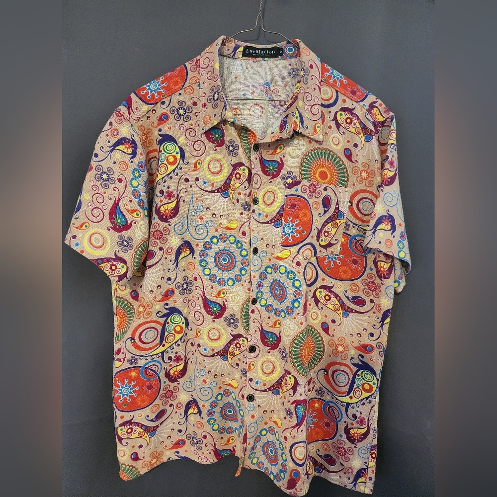 Luc Matton Shirt, Men's size Medium Colorful Cotton Linen Short Sleeve Shirt